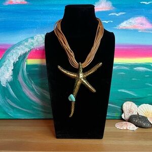 Boho turquoise chunky starfish pendant rope multi-strand necklace